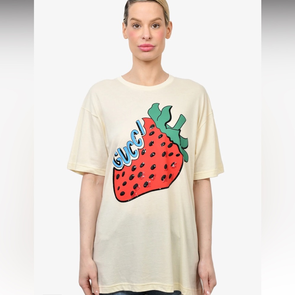 🍓Gucci Strawberry Sequin Cream Short Sleeve Shirt